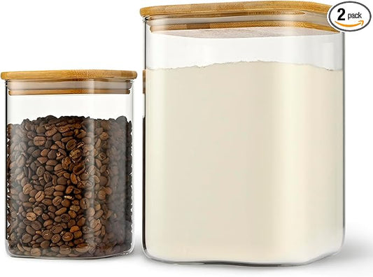 D2scrma 122oz 41oz Airtight Glass Square Storage Canister with Bamboo Lid Set of 2(3600ml*1 1200ml*1) Large Storage Container Gallon Glass Jars, for Sugar, Flour, and Coffee bean (with Black Lable)