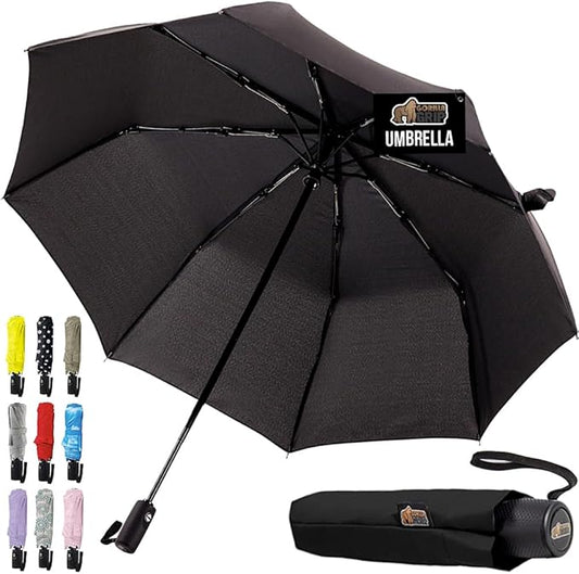 GORILLA GRIP Strong Windproof Stick Compact Umbrella for Rain, One-Click Automatic Open and Close, Durable Quick Dry Waterproof Material, Lightweight and Portable, Travel Size Fits Backpack, Black