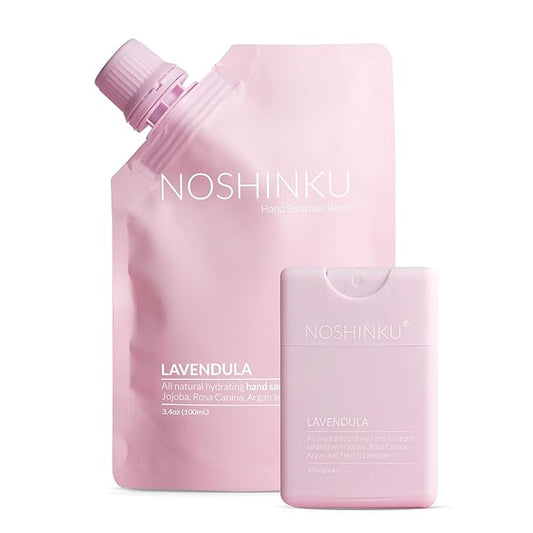 Noshinku Lavender Pocket Hand Sanitizer Refill Kit: Refill Pouch + Sprayer Bundle | Organic Antibacterial Sanitizing Mist with Moisturizing Oils | FDA Registered | 70% Sugarcane Derived Alcohol