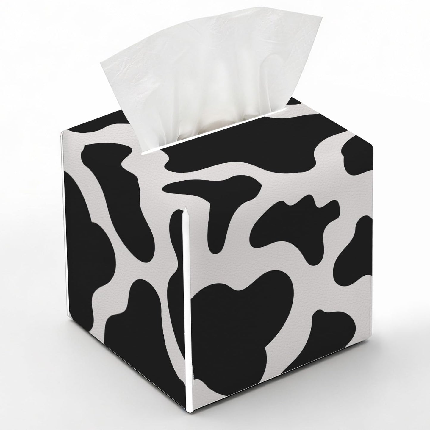 Cow Print Tissue Box Cover, Black and White Tissue Box Holder, Square Facial Paper Case, Cube Facial Paper Organizer Dispenser for Bedroom Vanity Countertop Nightstands/Leather-12