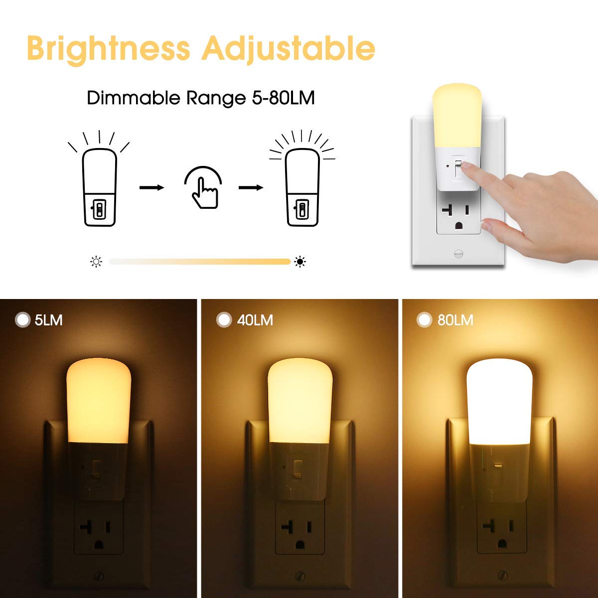 LOHAS Plug in Night Light, Dimmable LED Night Light with Dusk to Dawn Sensor, 5-80LM Sleep Aid Mini Light for Nursery Kids, 4 Pack