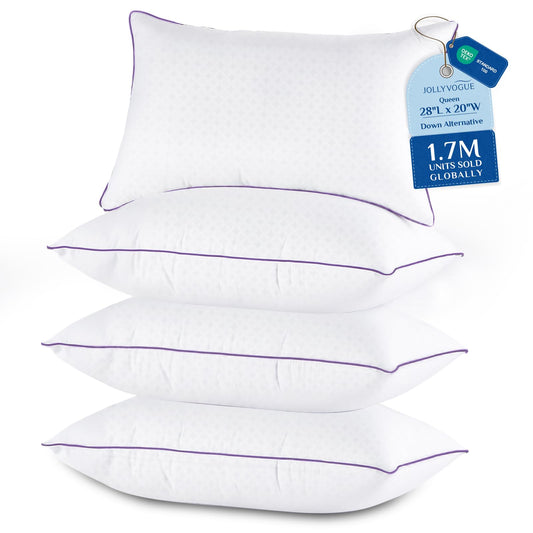 JOLLYVOGUE Pillows Queen Size Set of 4, Washable Supportive Bed Pillows with Super Soft Down Alternative Fill, Luxury Fluffy Hotel Quality for Side, Back, and Stomach Sleepers