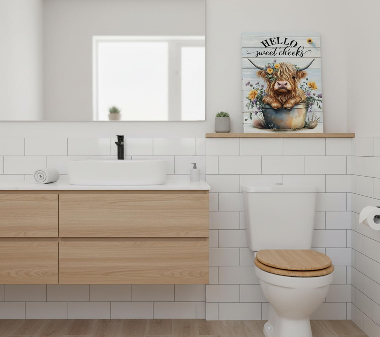 Funny Highland Cow Bathroom Canvas Wall Art Farmhouse Cute Cow Wall Decor Painting Picture Colour Flowers Highland Cattle Poster Print Animal Artwork for Bathroom Restroom Bedroom Decoration 12x16in