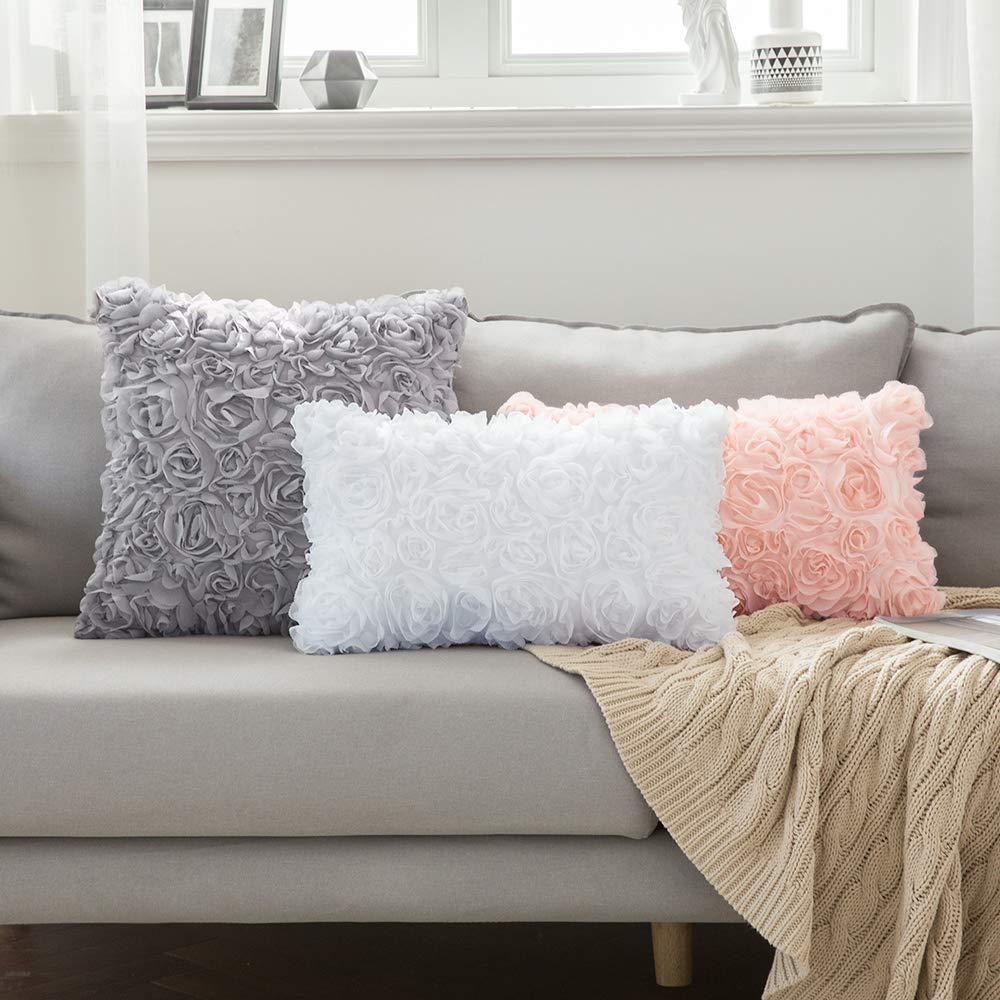MIULEE 3D Decorative Spring Romantic Stereo Chiffon Rose Blend Throw Pillow Insert for Sofa Bedroom Living Room 12x20 Inch Peach Pink Wedding