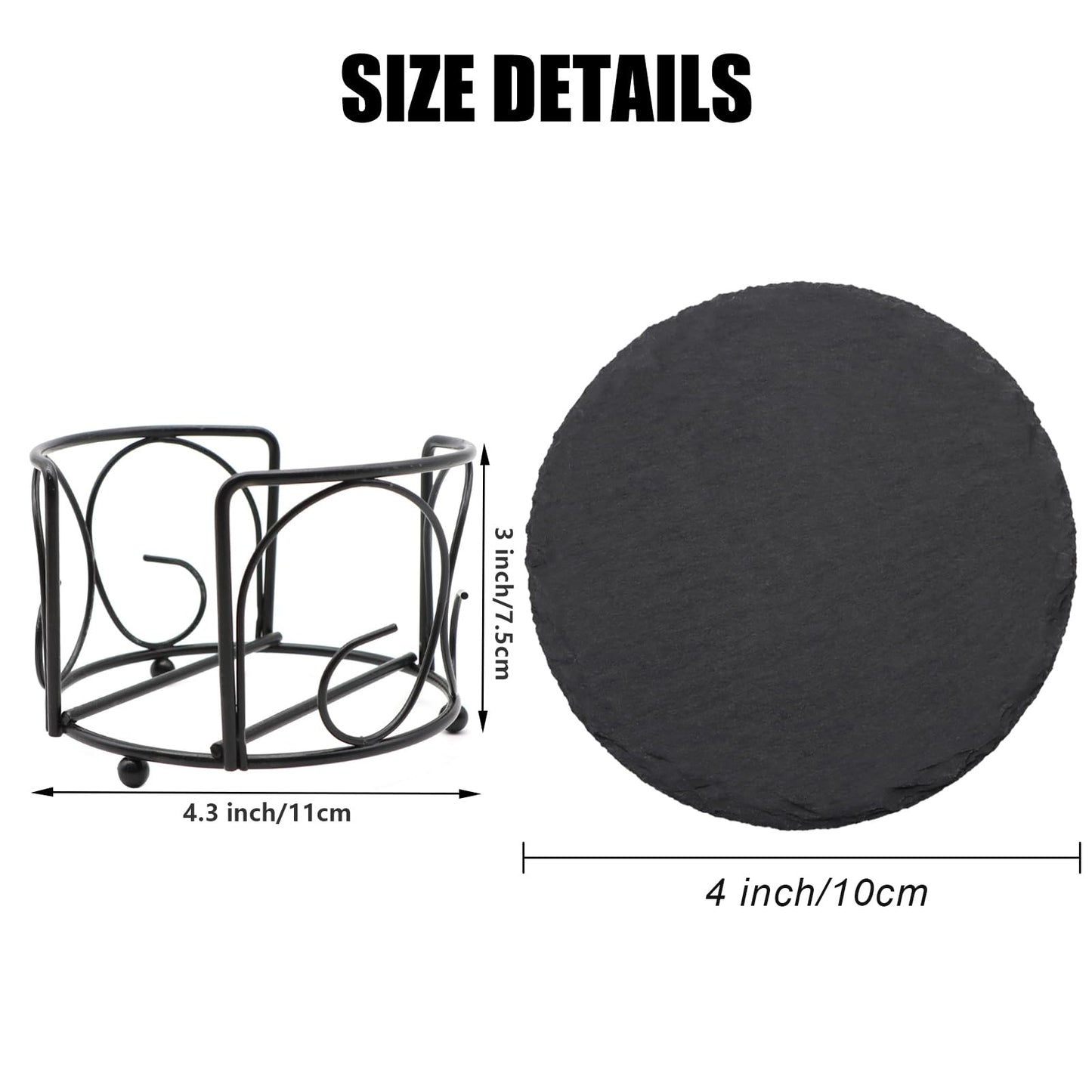 8 PCS Round Slate Drink Coasters Set, SIJDIEE 4 Inch Laser Engraving Black Slate Stone Coasters with Anti-Scratch Bottom and Coaster Holder for Office Bar Kitchen Home Dinner Table Decor Supplies