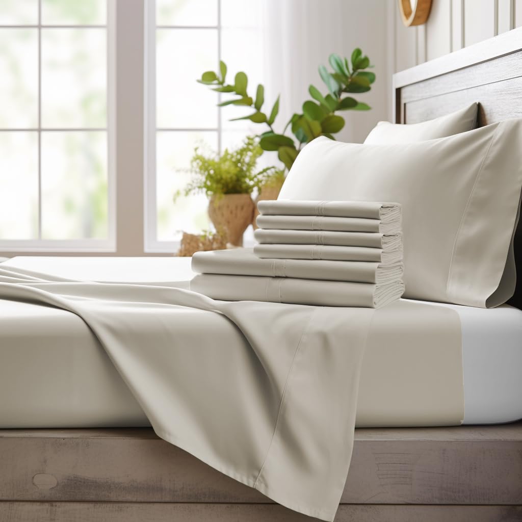 Bamboo Bay 6 Piece Queen Size Sheet Set, 100% Viscose Made from Bamboo, Breathable Ultra Soft Cooling Bed Sheets for Hot Sleepers, Beddings with Deep Pockets Fit 16" Mattress, Ivory