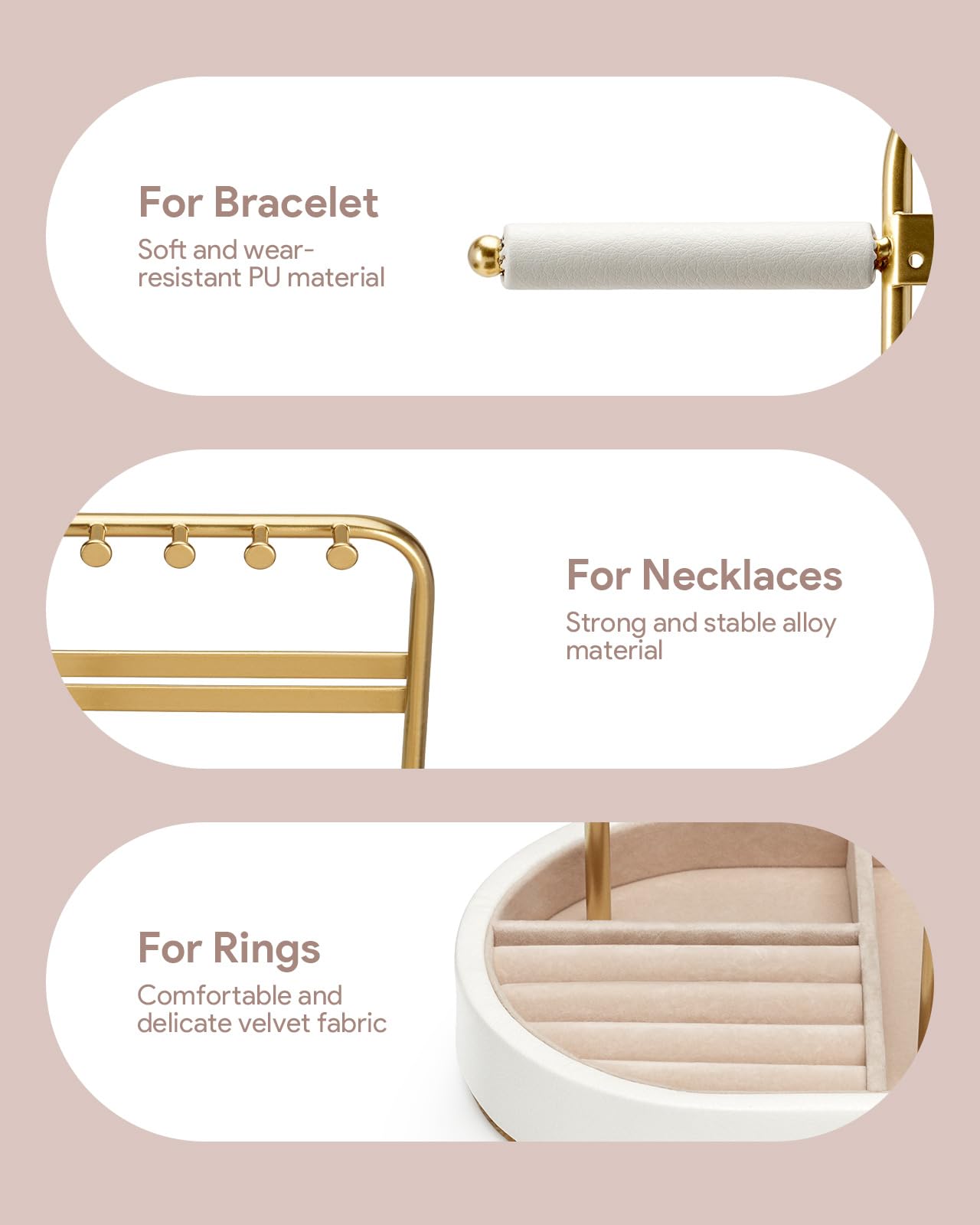 ChuStory Jewelry Organizer, Jewelry Holder Gold with Metal Frame and Velvet Ring Tray Protect headdress from scratches, Women Jewelry Stand Organizer