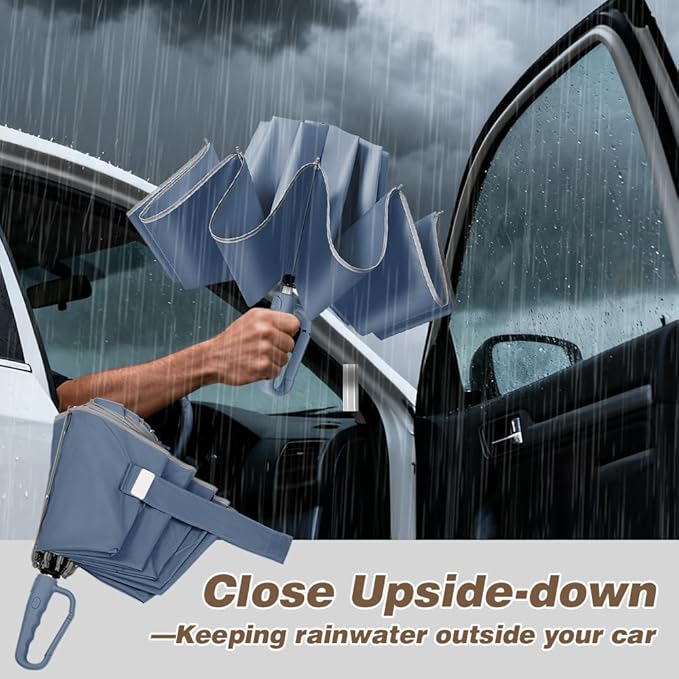 TOPSAIL 10 Ribs Inverted Umbrella with Carabiner Handle, Large Strong Windproof Umbrellas for Rain & Sun, 49" Portable Reverse Folding Compact Travel Umbrella with Safe Reflective Strip, for Women Men
