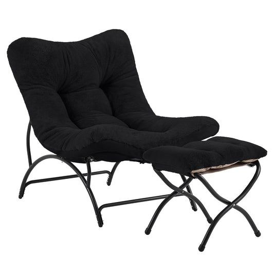 Tiita Accent Lazy Chair with Ottoman, Comfy Lounge Chair with Metal Frame and Plush Fabric, Thick Cushion Seated Cozy Recliner Chair for Reading Room, Living Room, Bedroom, Office, Black