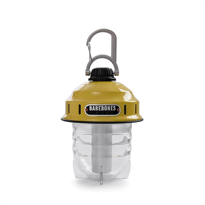 Barebones Beacon Hanging Light – Dusty Yellow, Rechargeable LED Camping Lantern with Adjustable Brightness – Weatherproof Vintage-Style Hanging Lantern for Outdoor Adventures and Year-Round Use