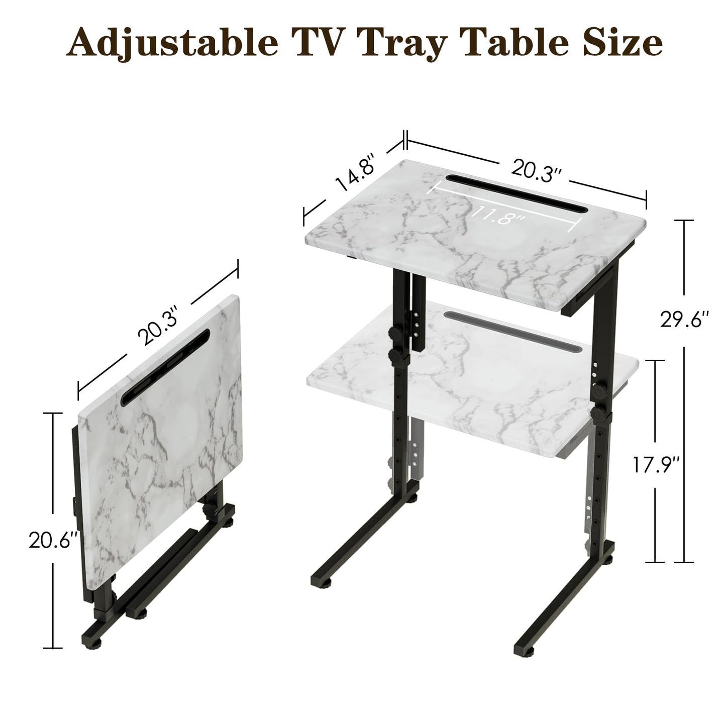 Fleecy day TV Tray, Folding TV Dinner Table, Adjustable Small C-Shaped End Tray for Eating, Foldable Slide Under Couch Side Table for Recliner, Living Room,No Assembly Required(White Marble,2Pcs)