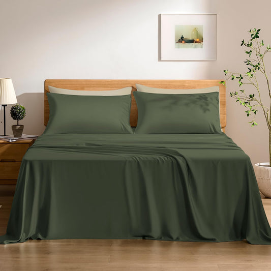 TOSMO Luxury Cooling Sheet Set | 100% Viscose from Organically Grown Bamboo | FSC® Certified | Queen Size | 18” Deep Pockets | Silky Soft Natural Bedding for Hot Sleeper [Olive]
