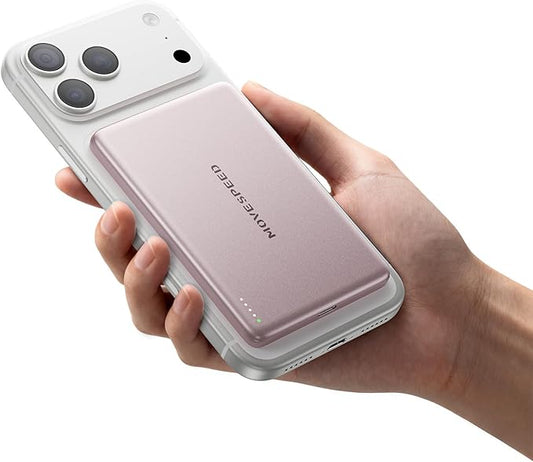 MOVE SPEED 0.3'' Ultra Slim MagSafe Portable Charger, 5000mAh Magsafe Battery Pack iPhone 17 Air Accessories, Magnetic Power Bank with USB C Port for iPhone 17 Pro Max Air/16/15/14/13/12, Pastel Pink