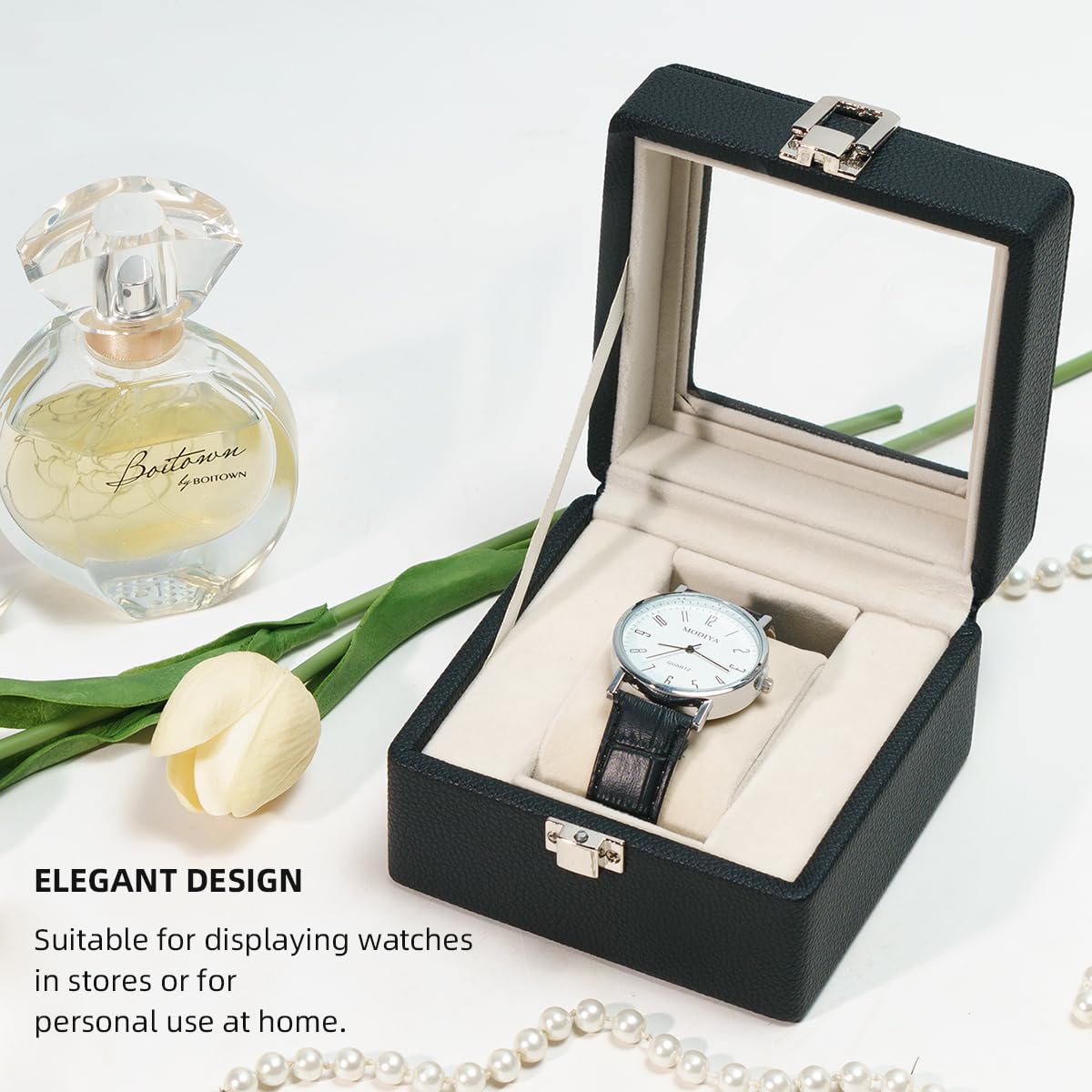 SORNDIF Watch Box, 1 Slot Watch Display Case for Men & Women, Removable Pillows, Clear See Through Lid, Watch Storage Watch Holder Organizer, Beige Soft Velvet Lining, Leather Surface (Black)