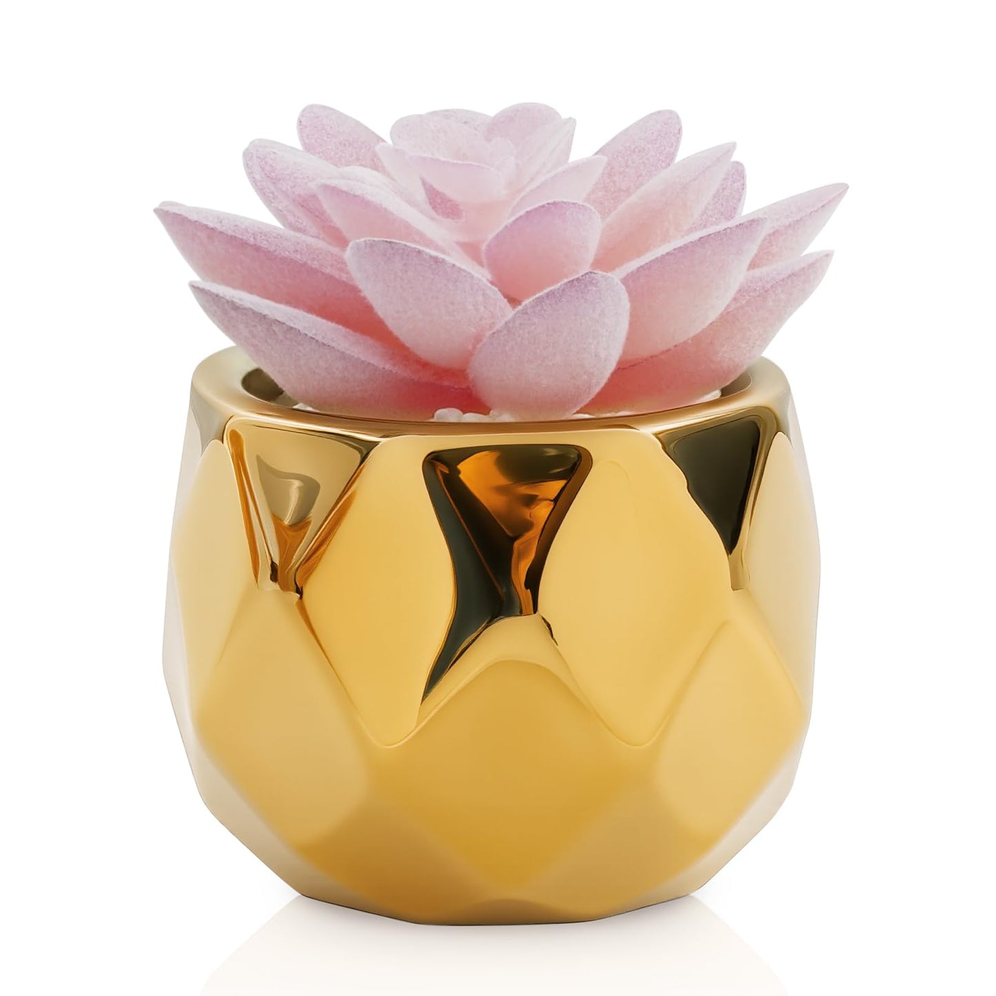 VIVERIE Mini Succulents Plants Artificial in Pots-Pink Succulents with Golden Ceramic, Small Fake Succulents for Home Decor Indoor for Women, White Ceramic Faux Succulents, Gifts for Mom-1 Pack