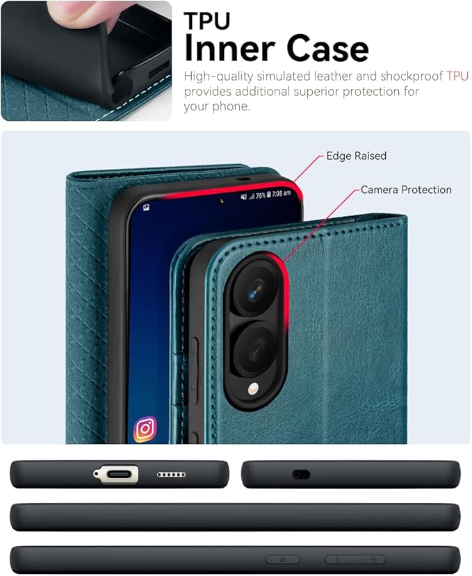 OCASE Compatible with Galaxy S25 Edge Wallet Case, PU Leather Flip Folio Case with Card Holders RFID Blocking Kickstand [Shockproof TPU Inner Shell] Protective Phone Cover 2025, Peacock Blue
