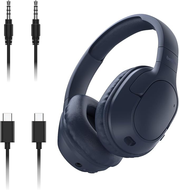 Belkin SoundForm Surround Bluetooth Over-Ear Headphones - Environmental Noise Cancelling Headphones - Wireless w/ 60H Playtime & Soft Ear Cups for iPhone, Galaxy, iPad, Travel, Home, or Office - Blue