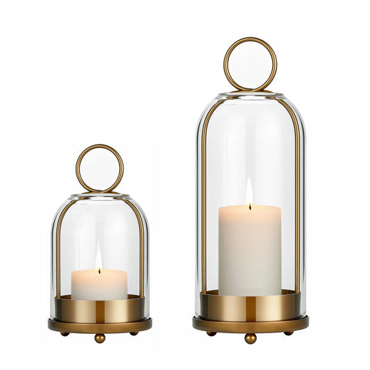 Havmorph 5"&4" Hurricane Glass Candle Holders, Hanging Brass Metal Candle Holder for Pillar Candles Table Coffee Table Decor Interior Decoration