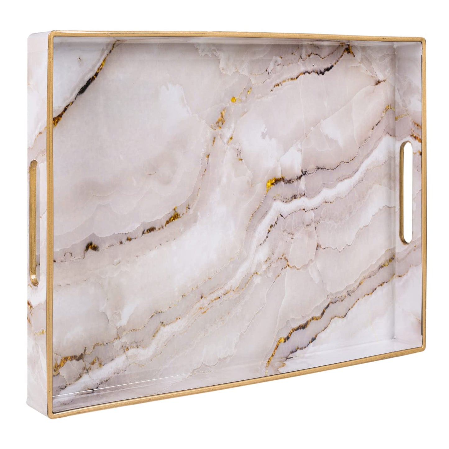 MAONAME Plastic Decorative Tray, Marbling Tray with Handles, Rectangular Coffee Table Trays, Serving Trays for Ottoman, Bathroom, Kitchen, 15.7” x 11.8”, White