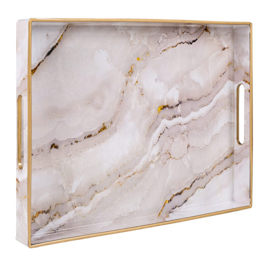 MAONAME Plastic Decorative Tray, Marbling Tray with Handles, Rectangular Coffee Table Trays, Serving Trays for Ottoman, Bathroom, Kitchen, 15.7” x 11.8”, White
