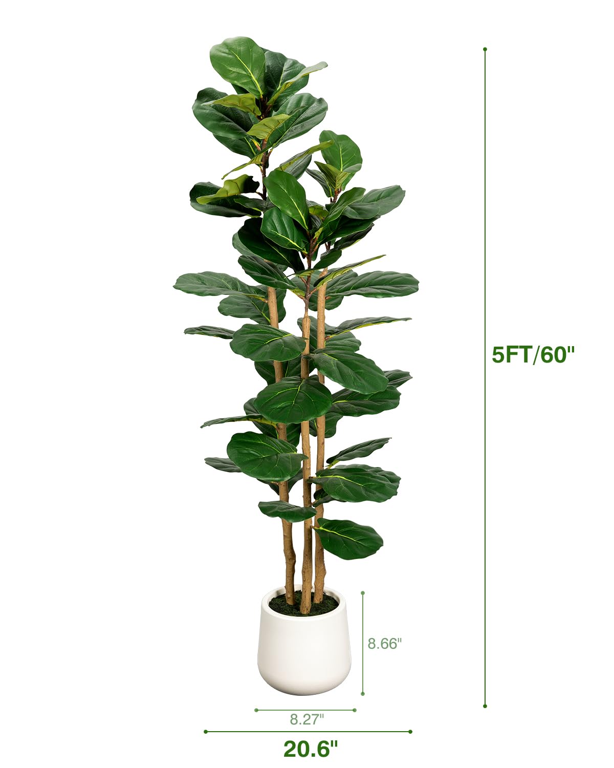 Artificial Fiddle Leaf Fig Tree in Modern White Planter, 5ft Large Fake Tree with 3 Sturdy Trunks, Fake Plants Faux Fig Tree with Moss, Lifelike Tall Artificial Plants Indoor for Office Home Decor