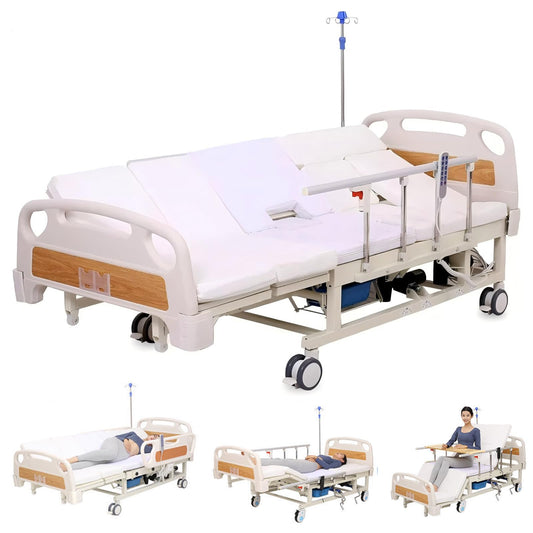 Full Electric Hospital Bed for Home Use, 10 Function Adjustable Medical Bed with Auto Turning, Patient Care Bed for Elderly, Hospital Beds with Mattress, Dining Tray, IV Pole, Steel Rails, 550 LBS