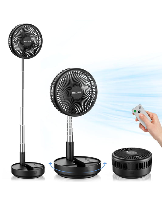 Belife X8 Portable Fan, 7200mAh Battery Powered Rechargeable, Oscillating USB Desk Floor Fan with Remote, Foldable Telescopic Fan for Home Bedroom Sleeping Office Camping Travel, 7.7" (Black)