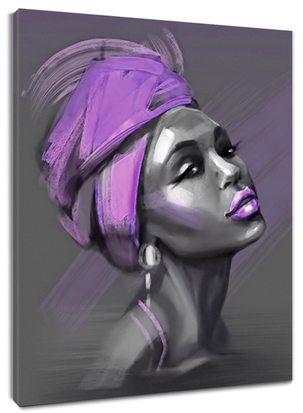 LB African American Women Canvas Wall Art, Beauty Black Woman Purple Hair Canvas Art, Abstract Minimalist Painting Wall Decor for Living Room Bedroom Bathroom Home Decor Ready to Hanging 12x16 Inch