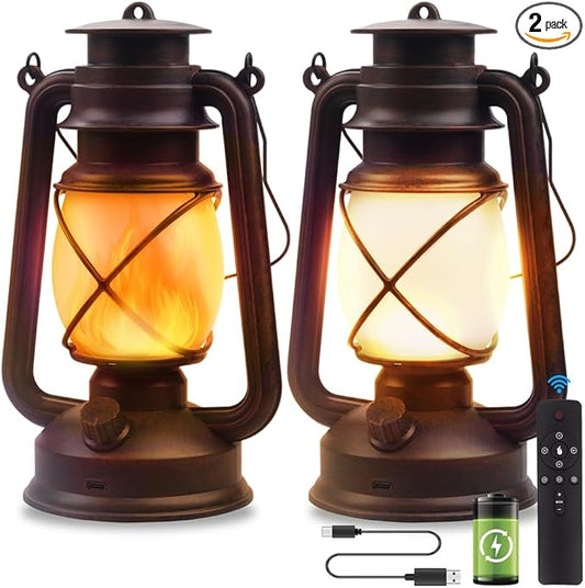 Lantern LED Battery Powered Camping Lamp Outdoor Hanging Rechargeable Lantern Flickering Flame Retro Lanterns Remote Control 4 Modes Light Non-Solar 2 Pack