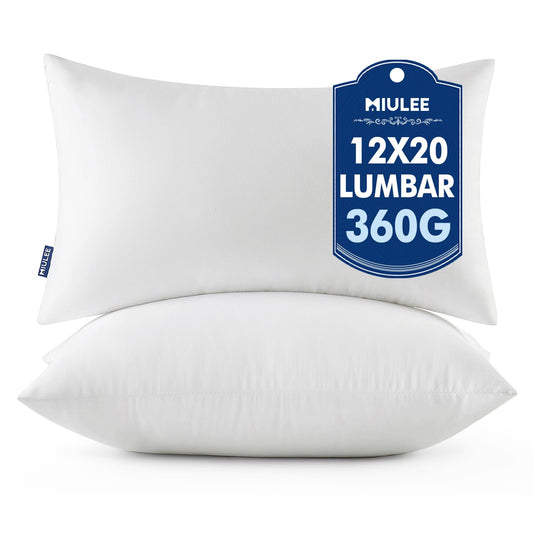 MIULEE Throw Pillows Inserts, Pack of 2 12x20 Inch 100% Virgin Fiber Filling Bed Couch Pillows