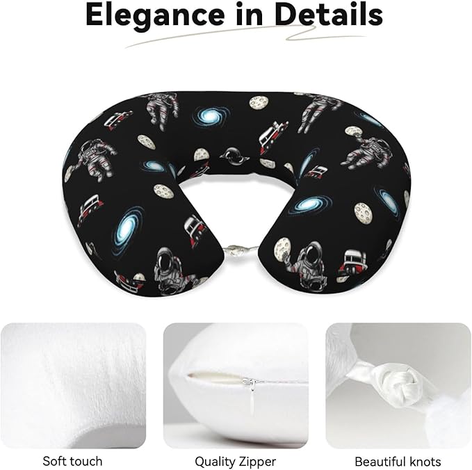 Support Neck Pillow for Youth Travel, Washable Airplane Chin Supporting and Relax U Shaped Pillows Outer Space Astronaut Slam Dunk Moon Basketball Black