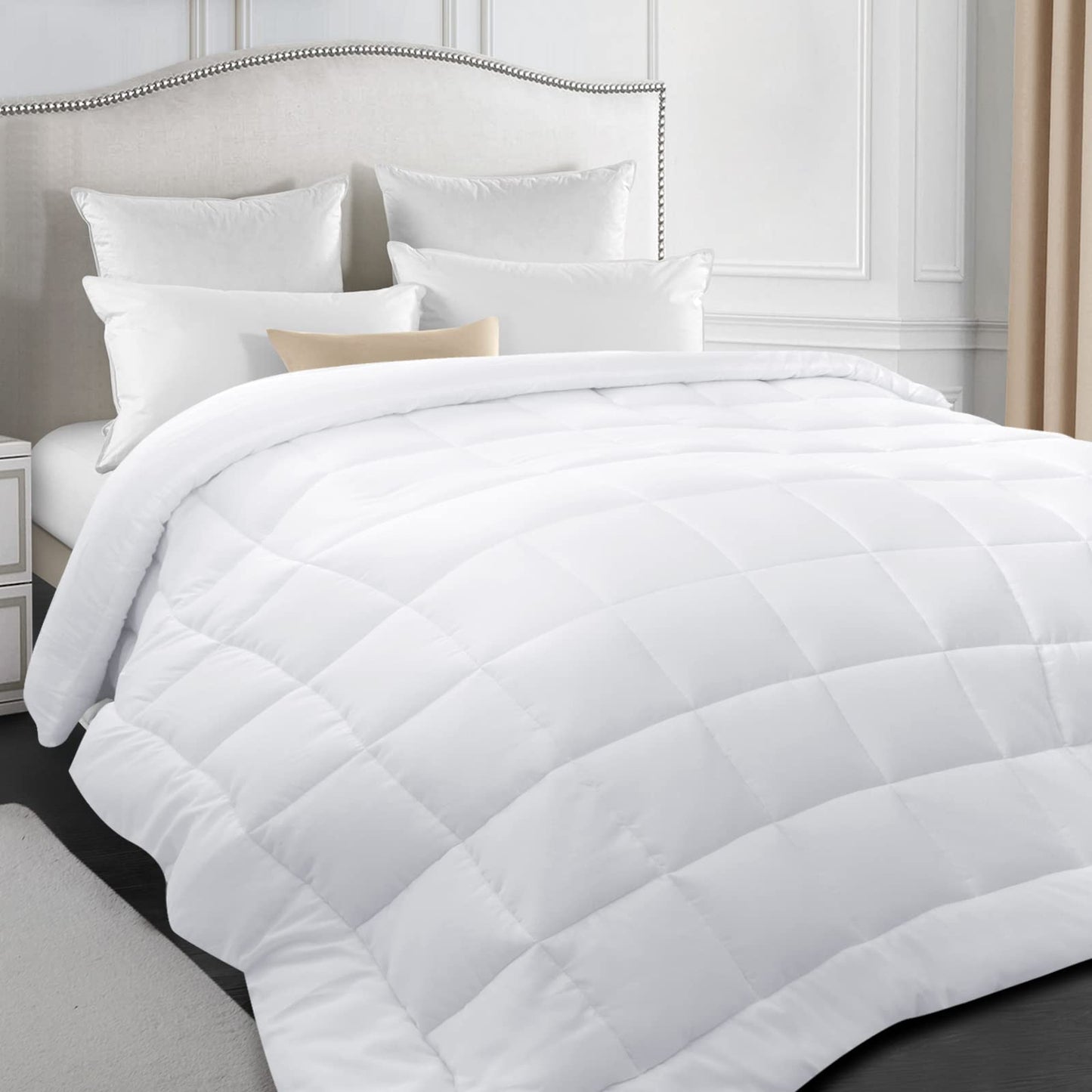 Down Alternative Comforter Queen/Full Size White, Queen Bed Quilted Comforter with Corner Tab, Warm, Lightweight, All Season, Plush Siliconized Fiber Filling - Box Stitched