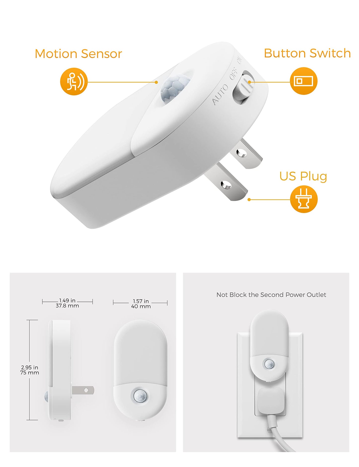 L LOHAS LED Amber Night Light, 2 Pack, Night Lights Plug into Wall Motion Sensor, 0.6W 2000K, LED Nightlights, 30/60LM Adjustable Brightness, Automatic Low Blue Nightlight for Kids, Bathroom, Hallway