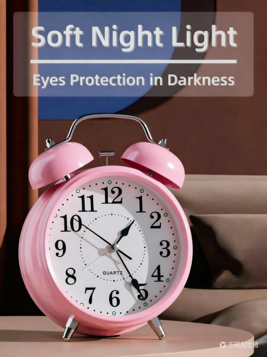 COSCTOR 4 Inches Analog Alarm Clocks Retro Backlight Cute Simple Design with Night Light Silent Non-Ticking Battery Operated [Pink]
