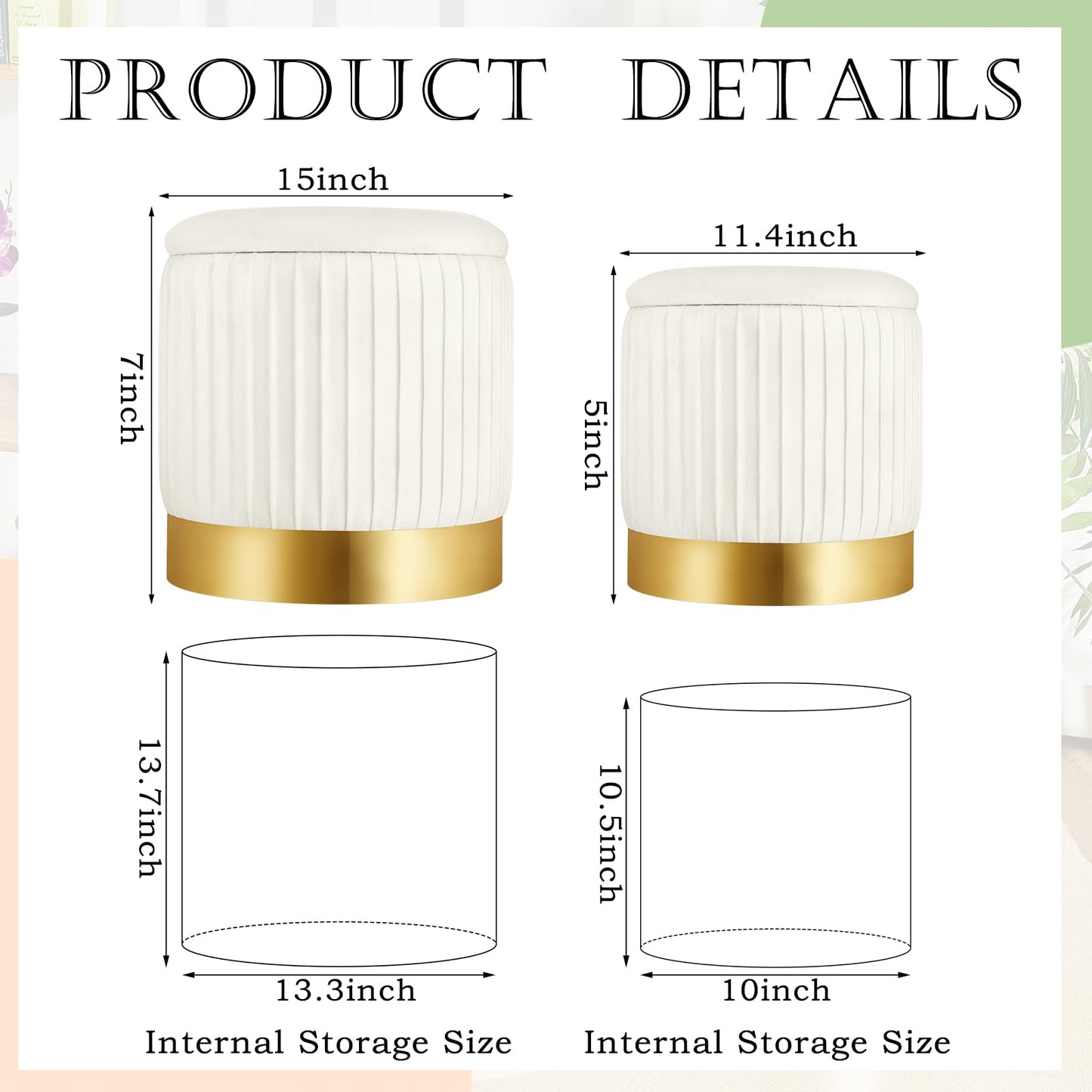 Barydat 2 Pcs Round Ottoman with Storage White Velvet Storage Ottoman Stool with Removable Lid Gold Base for Dorm Living Room Bedroom