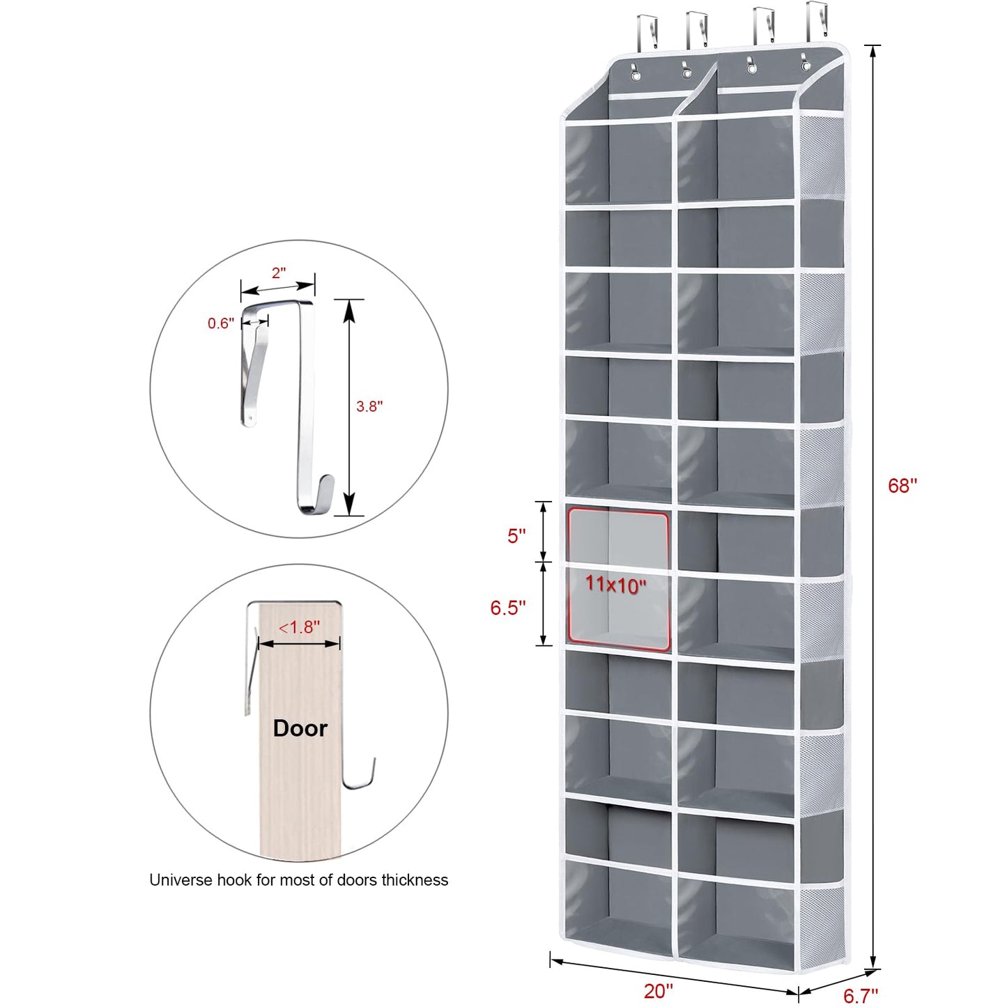 Univivi Over the Door Organizer, 6 Tiers Behind Door Storage with Clear Deep Pockets Hanging Organizer for Closet, Bedroom, Nursery, Bathroom and Sundries (Grey)
