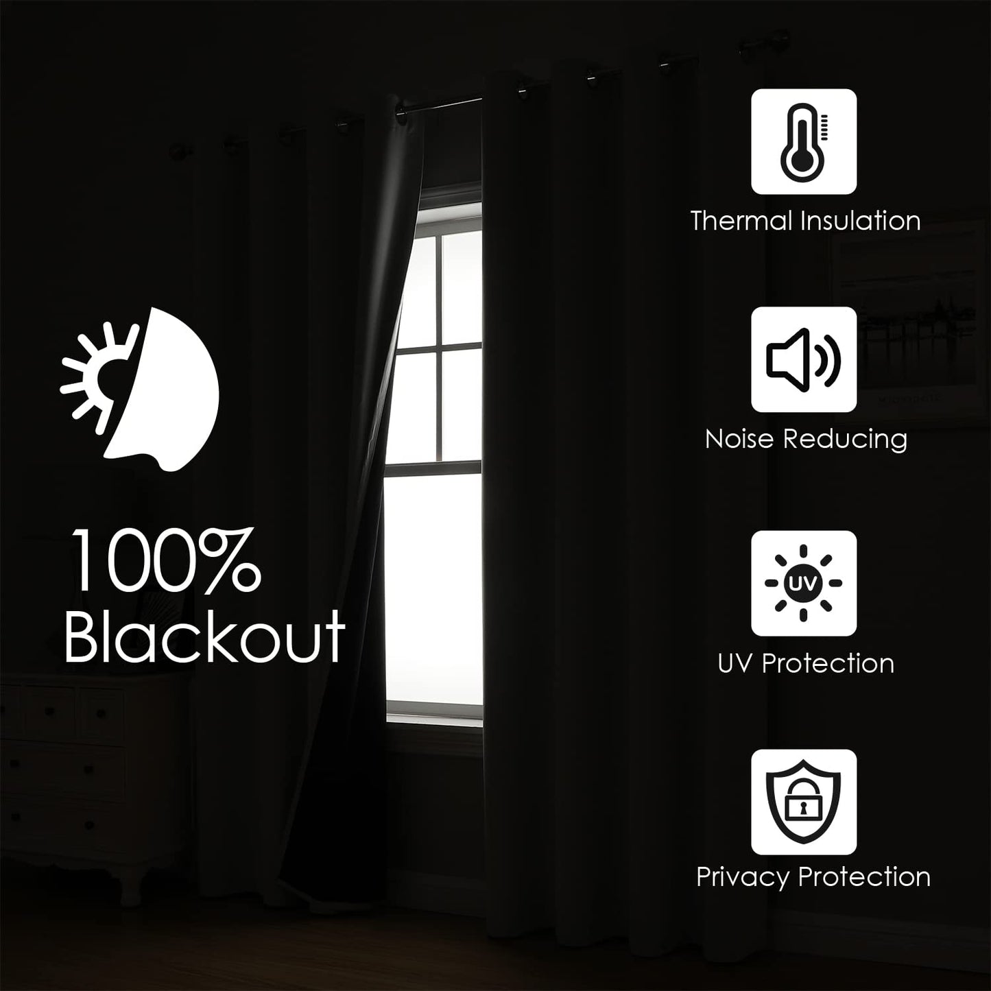ChrisDowa 100% Blackout Curtains for Bedroom with Black Liner, 2 Thick Layers Total Blackout Thermal Insulated Grommet Window Curtains 2 Panels Set (Grey, 42W x 63L)