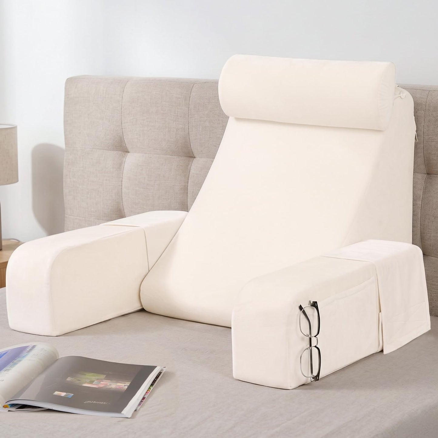 ENITYA 19" Back Pillow for Bed Sitting up, Big Pockets and Washable Removable Cover, Reading Chair for Watching TV/Reading/Gaming/Resting in Bed, Couch or Floor, Medium(Ivory)