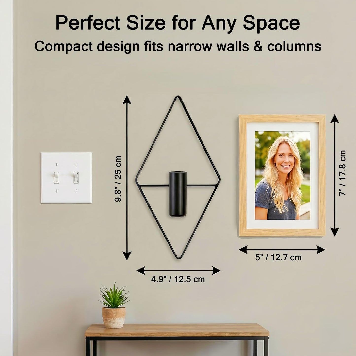 Modern Farmhouse Wall Art Decor - 2-Pack Metal Hanging Vases with Faux Eucalyptus Stems - Boho Wall Planters for Living Room Bathroom Bedroom Kitchen & Office (2, Black)