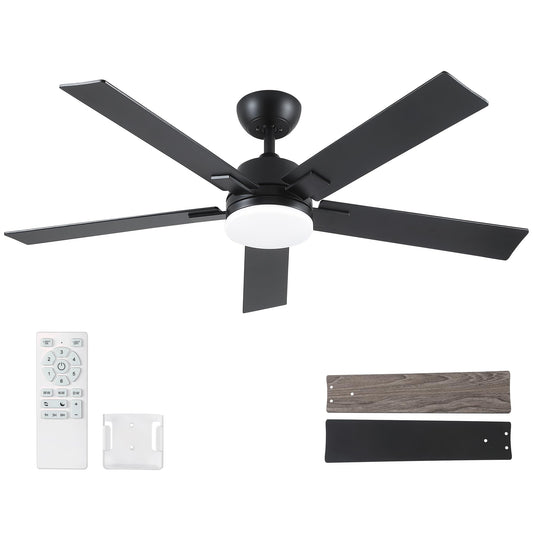 Rayqueen 52 Inch Ceiling Fans with Lights and Remote, 6 Speed Reversible DC Motor, 3CCT Dimmable LED, Black Modern Ceiling Fan for Bedroom, Living room & Covered Outdoor,Includes Downrod
