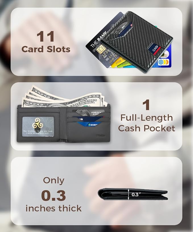 7worldlet Slim RFID Blocking Wallets for Men Synthra™ Ultra Leather Bifold Minimalist Wallet 11 Cord Holder Thin Mens Wallet with Gift Box (Black)