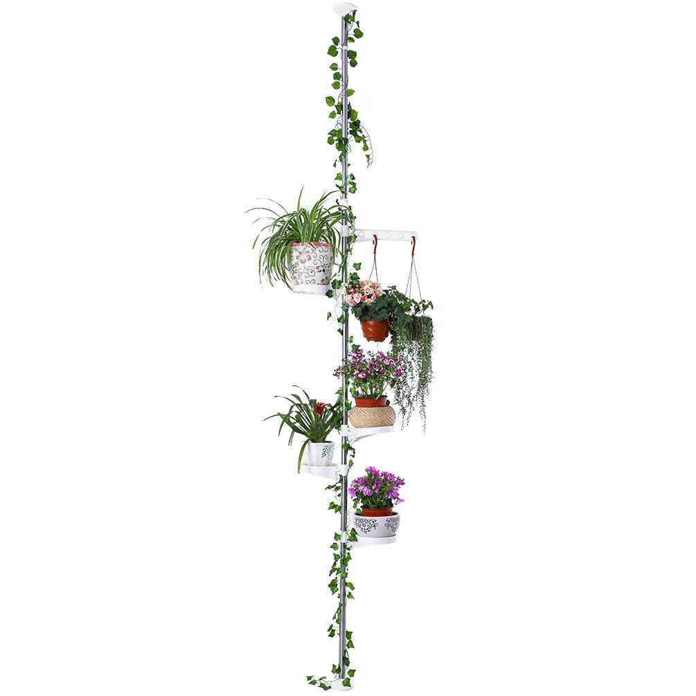 BAOYOUNI 5-Tier Tension Rod Plant Holder Pole, Flower Display Stand Rack Stainless Steel Decorative Shelf, Ivory