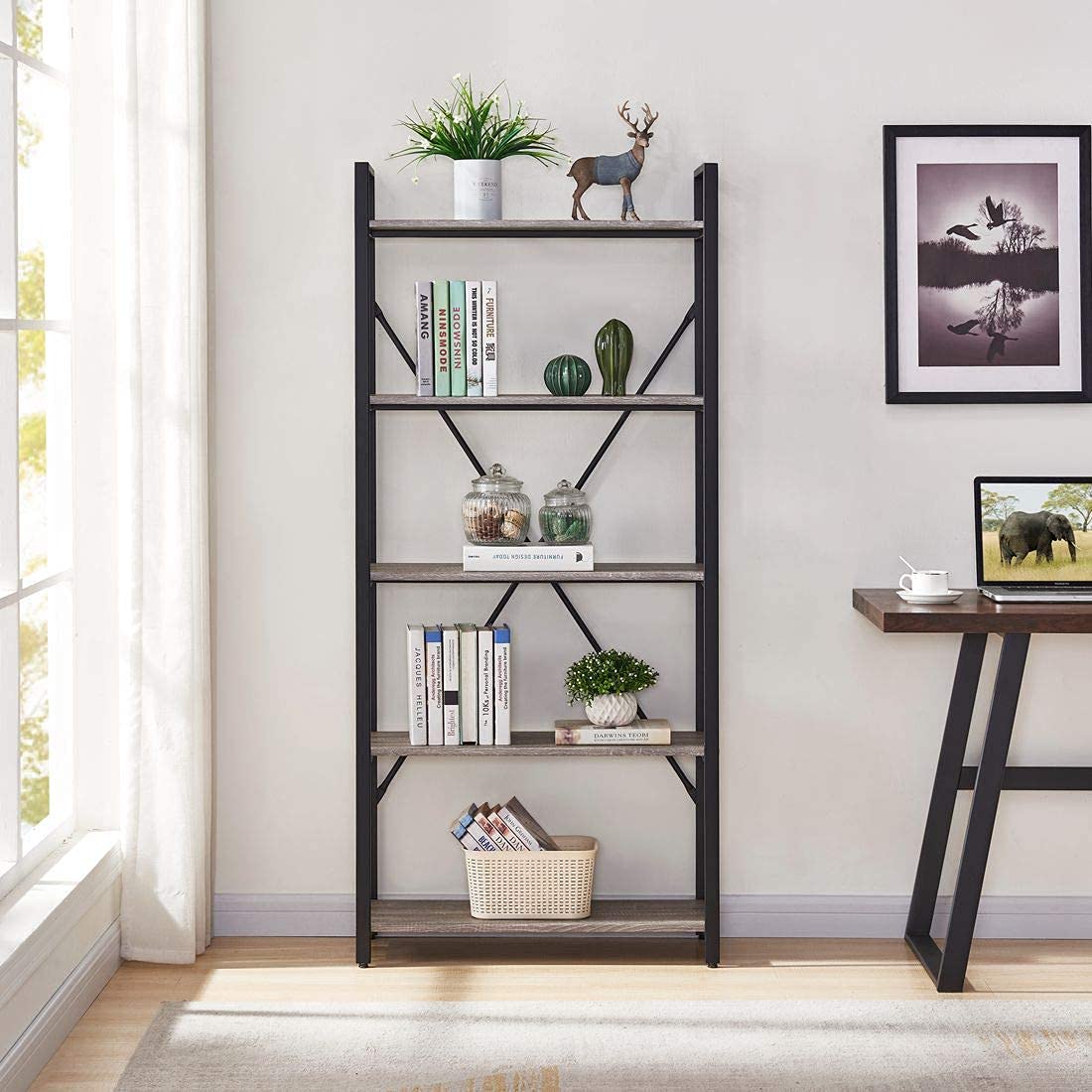 Industrial Bookshelf, Etagere Bookcases and Book Shelf 5 Tier Shelves, Grey Wood and Metal Shelving Unit (Dark Gray Oak)