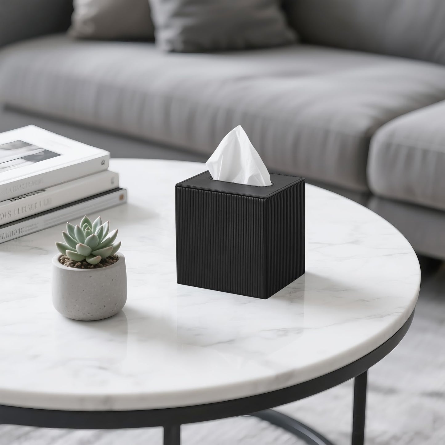 Mkono Tissue Box Cover PU Leather Square Tissue Box Holder with Bottom, Decorative Facial Cube Organizer for Bedroom Bathroom Dresser Vanity Countertop Night Stands Home Office Desk (Black)
