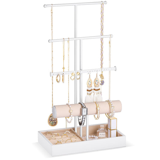 Lolalet Jewelry Holder Tree with Velvet Tray, 4 Tiers Necklace Display Stand Rack with Ring Slots Organizer for Earrings Bracelets Bangles Ring, Valentine's Day Gift -White