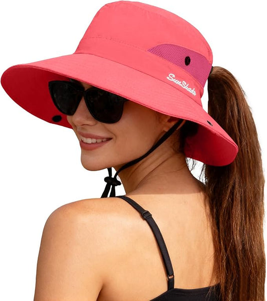 ZOORON Women's Ponytail Safari Sun Hat,Wide Brim UV Protection Outdoor Bucket Hat,Foldable Beach Summer Fishing Hat