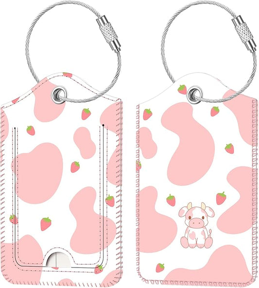 Fintie Luggage Tags, Privacy Cover ID Label with Stainless Steel Loop and Address Card for Travel Bag Suitcase - Strawberry Cow (2 Piece)