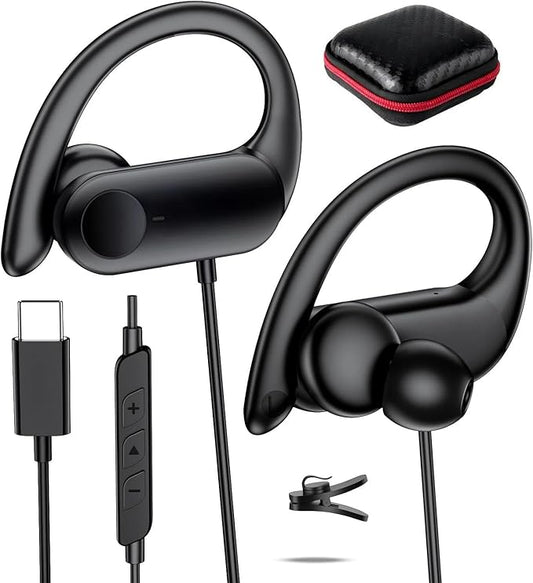 USB C Headphones Over Ear Buds for Samsung S25 FE S24 Ultra,Hifi Deep Bass Stereo In-Ear Noise Isolation Wired Earbuds,Type C Earphones with Ear Hook for iPhone 17 Pro 16 15,USB-C Headset for iPad A16