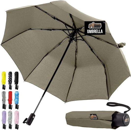 GORILLA GRIP Strong Windproof Stick Compact Umbrella for Rain, One-Click Automatic Open and Close, Durable Quick Dry Waterproof Material, Lightweight and Portable, Travel Size Fits Backpack, Beige