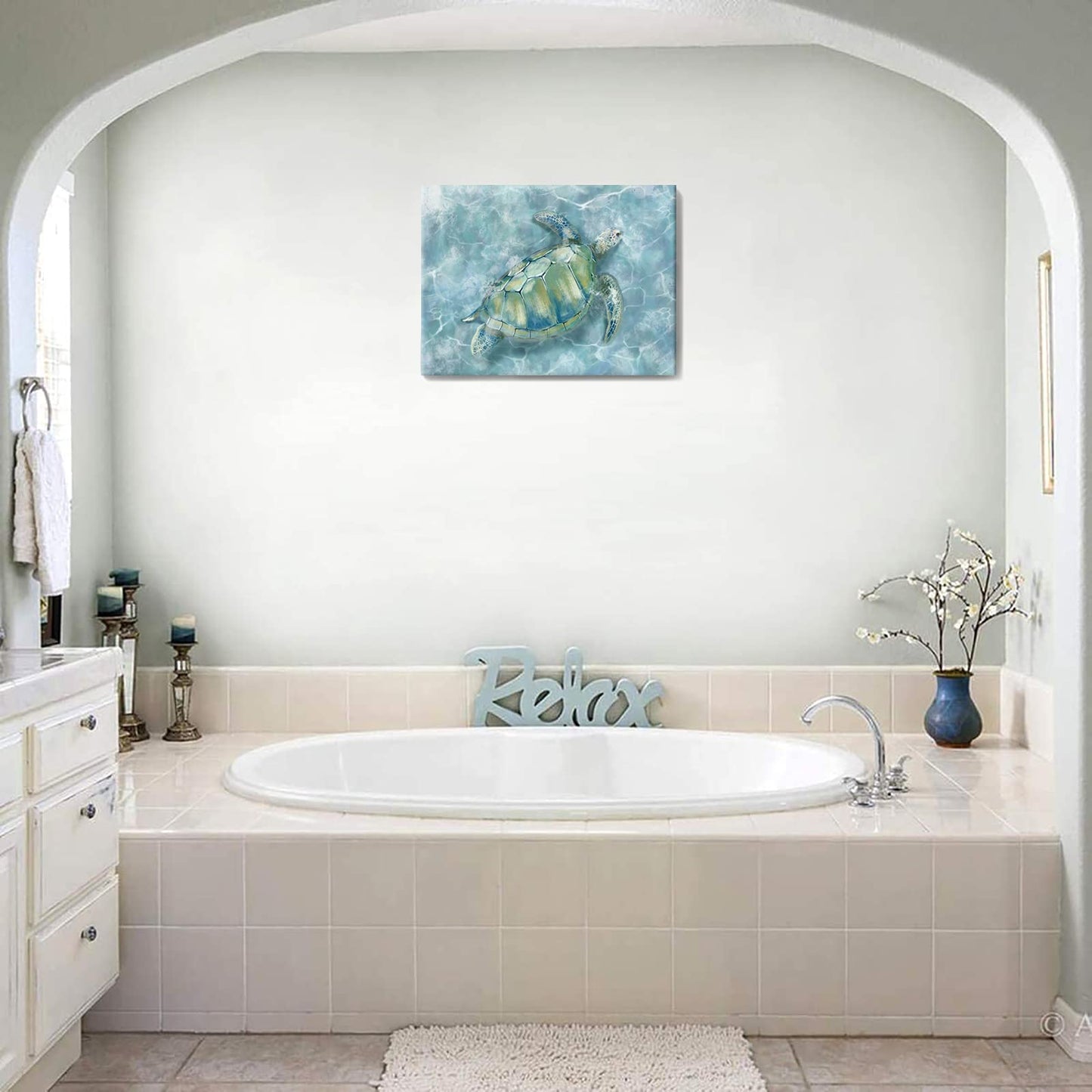 YJYart Bathroom Wall Decor Canvas Wall Art for Bedroom Sea Turtle Pictures Blue Coastal Room Decorations Artwork Green Turtle Wall Decorations 16” x 24”